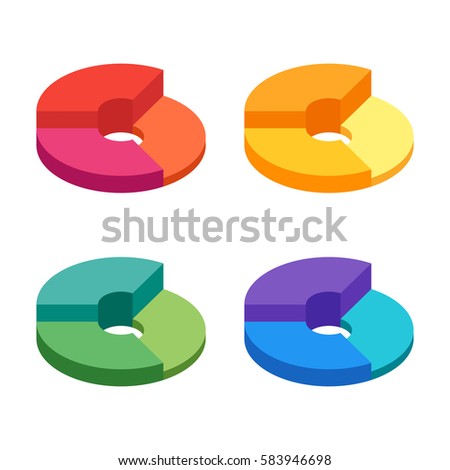 Pie chart on isolated background. Set of bulk isometric pie charts different heights. Business data, colorful elements for infographics. Stock illustration. Raster copy.