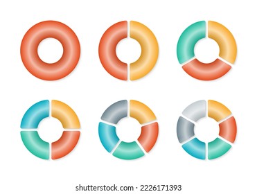 Pie chart set. 3d Circle graph, diagram, wheel. Circular infographic with 1, 2, 3, 4, 5, 6 section, slice or parts. Business presentation elements.