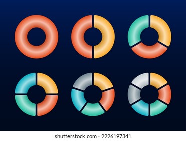 Pie chart set. 3d Circle graph, diagram, wheel. Circular infographic with 1, 2, 3, 4, 5, 6 section, slice or parts. Business presentation elements. 