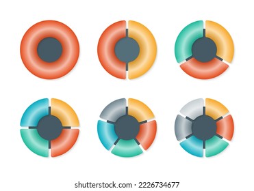 Pie chart set. 3d Circle graph, diagram, wheel. Circular infographic with 1, 2, 3, 4, 5, 6 section, slice or parts. Business presentation elements. 