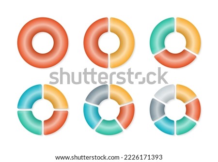 Pie chart set. 3d Circle graph, diagram, wheel. Circular infographic with 1, 2, 3, 4, 5, 6 section, slice or parts. Business presentation elements.