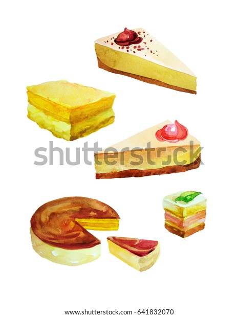 The\
pie and pieces of cake in the future painted in\
watercolor.\
Isolated objects on white\
background.