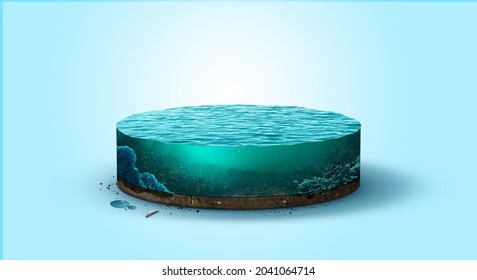 piece of aquarium or ocean with fishes inside. 3d illustration of  sea isolated. unusual illustration 