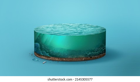 piece of aquarium or ocean with fishes inside. 3d illustration of  sea isolated. unusual illustration 
