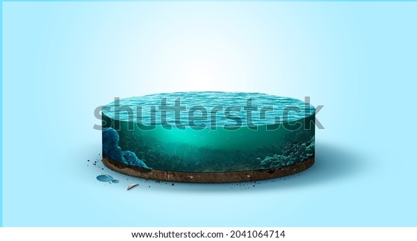 piece of aquarium or\
ocean with fishes inside. 3d illustration of  sea isolated. unusual\
illustration 
