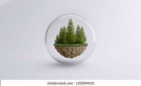 A Piece Of Forest In A Cristal Bubble, Take Care Of The Enviroment. 3D Illustration.