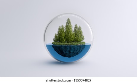 A Piece Of Forest With Water In A Cristal Bubble, Climate Change. 3D Illustration.