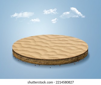 Piece Of Isometric Land With Sand Surface Isolated With Clouds. Desert Isometric Slice Island With Soil Section And Beautiful Landscape View. 3d Illustration Travel And Product Background Design.