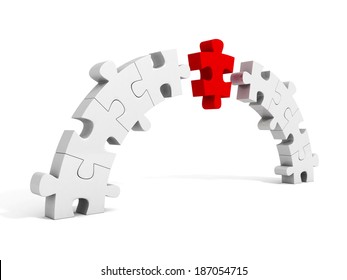 Piece Of Red Puzzle Connect Bridge Two Groups. Business Concept 3d Render Illustration