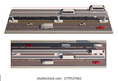Piece Of Road With Overground Subway Isolated On White Top View. 3d Rendering