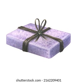 A piece of soap, handmade tied with string. A watercolor, isolated object from a large Lavender SPA set. For the design and arrangement of postcards, posters, menus, price lists, logos. - Powered by Shutterstock