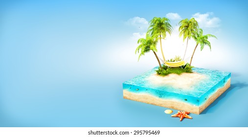 Piece Of Tropical Island With Water, Palms And Hammock On A Beach In Cross Section.  Unusual Travel Illustration