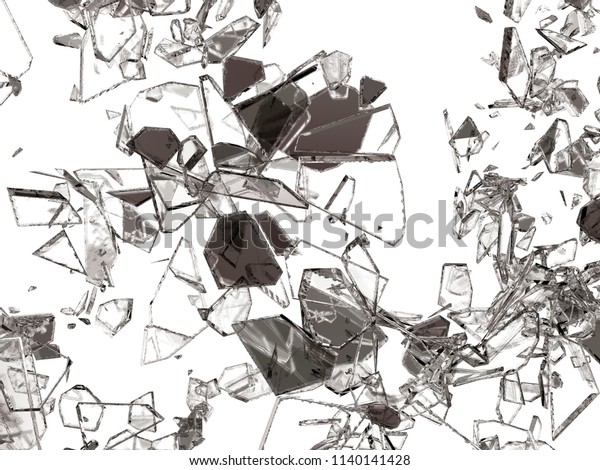 Pieces of broken or cracked glass on white, 3d\
illustration; 3d\
rendering
