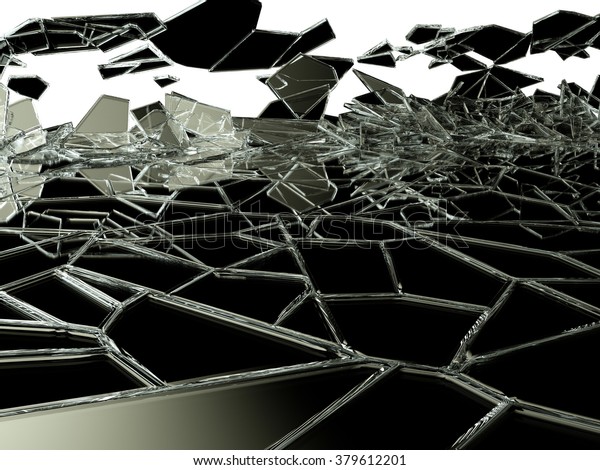Pieces of broken glass on\
white. 
