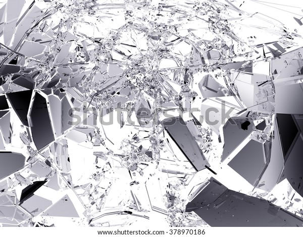 Pieces\
of Broken or Shattered glass isolated on white.\
