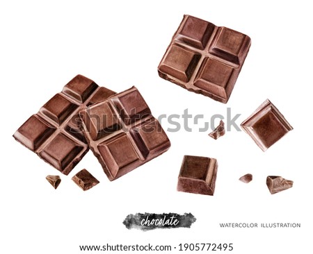 Pieces of dark chocolate bar watercolor illustration isolated on white background