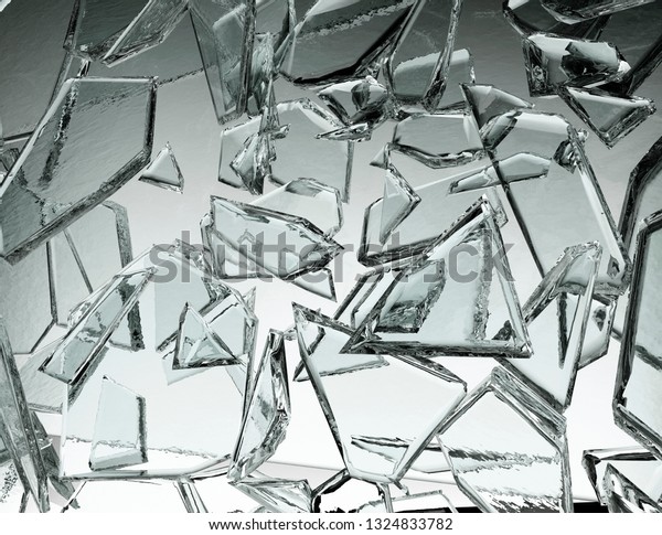 Pieces of glass broken or cracked on grey, 3d\
illustration; 3d\
rendering