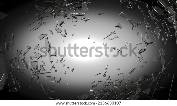 Pieces of glass broken or\
cracked on grey to black gradient background, 3d illustration; 3d\
rendering