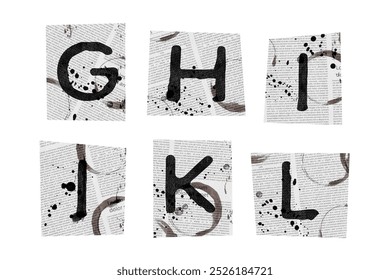 Pieces of paper with news paper- pattern and dirty shapes. Latin letters. Classic ABC tags isolated. Set 2