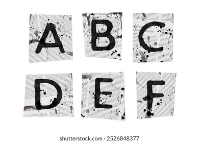 Pieces of paper with news paper- pattern and dirty shapes. Latin letters. Classic ABC tags isolated. Set 1