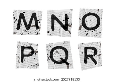 Pieces of paper with news paper- pattern and dirty shapes. Latin letters. Classic ABC tags isolated. Set 3