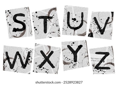 Pieces of paper with news paper- pattern and dirty shapes. Latin letters. Classic ABC tags isolated. Set 4