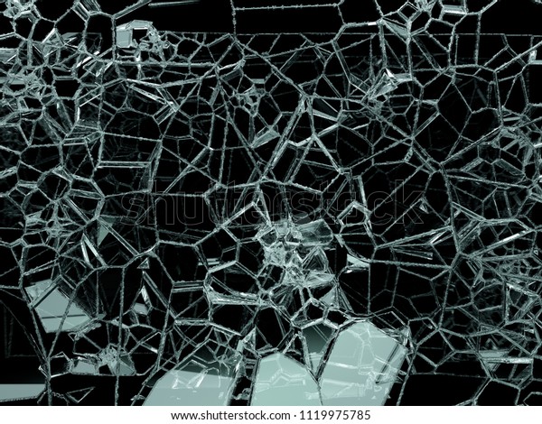 Pieces of shattered or cracked glass on black,\
3d illustration; 3d\
rendering