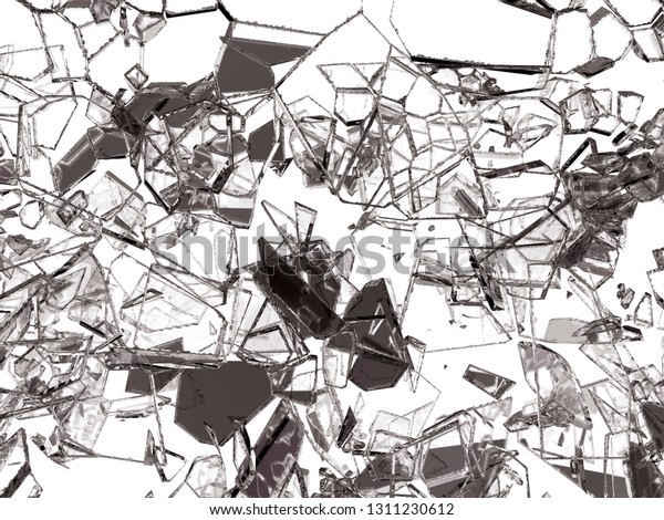 Pieces of shattered or cracked glass on white,\
3d illustration; 3d\
rendering