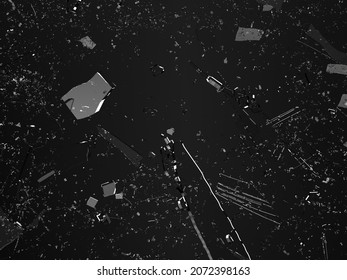 Pieces of shattered glass broken or cracked on black background, 3d illustration; 3d rendering