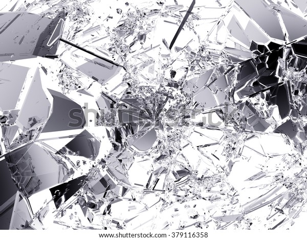 Pieces of\
Shattered glass on white\
background.