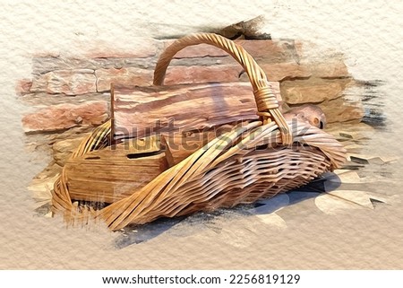 Pieces of wood in a wicker basket. On top of old black and white tiles, brick wall stands at the front. Watercolor effect, wallpaper, background, gift