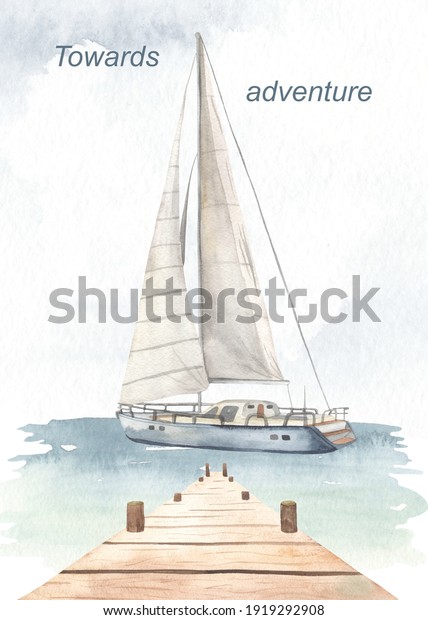 Pier, yacht and seascape.\
Watercolor card for adventure. Premade poster hand drawn\
illustration