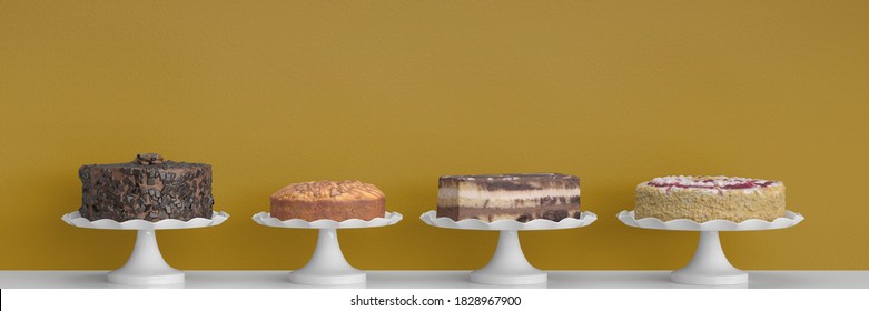 Pies And Cakes Variety In Cafe Or Pastry Shop In Front Of A Yellow Wall As A Header Background (3D Rendering)