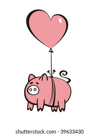 Pig Flying On A Heart-shaped Balloon