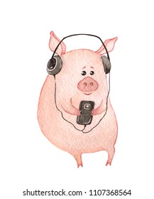 Pig listening to music in headphones, holding player in its hands. Watercolor illustration isolated on white.