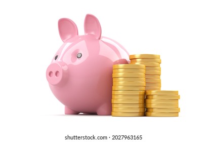 Pig Piggy Bank With Gold Coins On A White Background. 3d Render Illustration For Ideas.