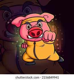The pig with the yellow suit punching esport mascot design logo of illustration