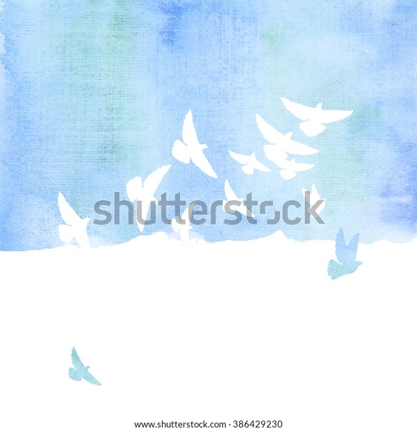 空の中の鳩は水彩色の手描きのイラストです 背景に空と鳥の水色の画像 ポスター 印刷 壁紙 のイラスト素材