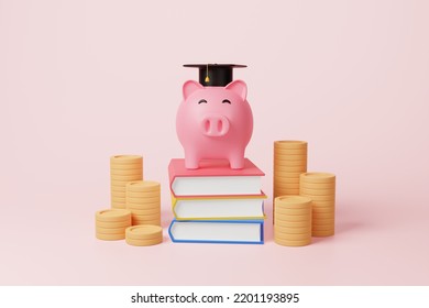 Piggy bank with black graduation cap, stacking book, coins on pink background. Money savings, invest in education or knowledge concept. Financial planning, bank loan for kid tuition cost. 3d rendering - Powered by Shutterstock