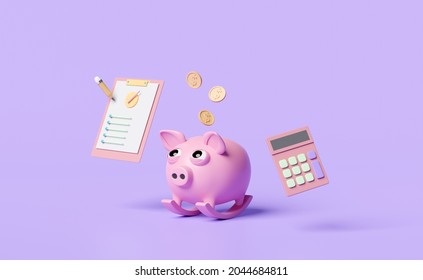 Piggy Bank And Check List With Clipboard, Pencil, Calculator, Check Mark, Coin Isolated On Purple Background. Concept 3d Illustration Or 3d Render