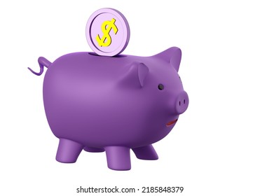 Piggy Bank With Coin. Purple Piggy Bank For Storing Money. Concept Financial Savings. Accumulating Wealth With Piggy Bank. Metaphor Deposit Or Banking. Money Box Isolated On White. 3d Rendering.