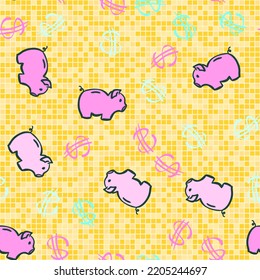 Piggy Bank Doodle And Dollar Sign On Seamless Square Golden Pattern