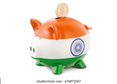 Piggy bank with flag of India and golden dollar coin. Investments and business concept, 3D rendering