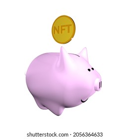 Piggy Bank With Golden Nft Token, 3d Rendering