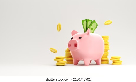 Piggy Bank With Green Money Bills, Dollars And Gold Coins - 3D Render. Financial Investment In Business. Сoncept Of Saving Money, Cash Exchange, Icons For Business, Internet Banking, Banks. 