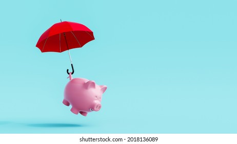 Piggy bank lifted by red umbrella on blue background. Savings growth concept 3D Rendering, 3D Illustration