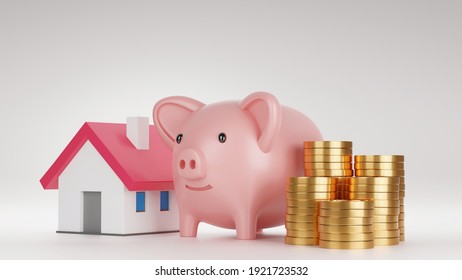 Piggy Bank And Model House With Stack Of Gold Coin, Saving Money For House Concept, 3D Render 