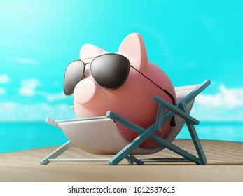 Piggy bank on deckchair, holiday, 3d render illustration - Powered by Shutterstock