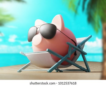 Piggy bank on deckchair, holiday, 3d render illustration - Powered by Shutterstock