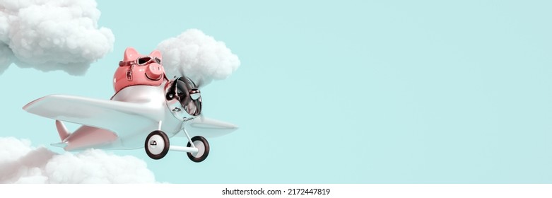 Banca de cerdo con gafas piloto que vuelan un avión sobre fondo azul cielo 3D Rendering, Ilustración 3D